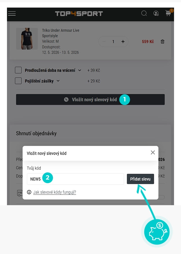 Návod jak uplatnit slevový kód v košíku e-shopu Top4Sport