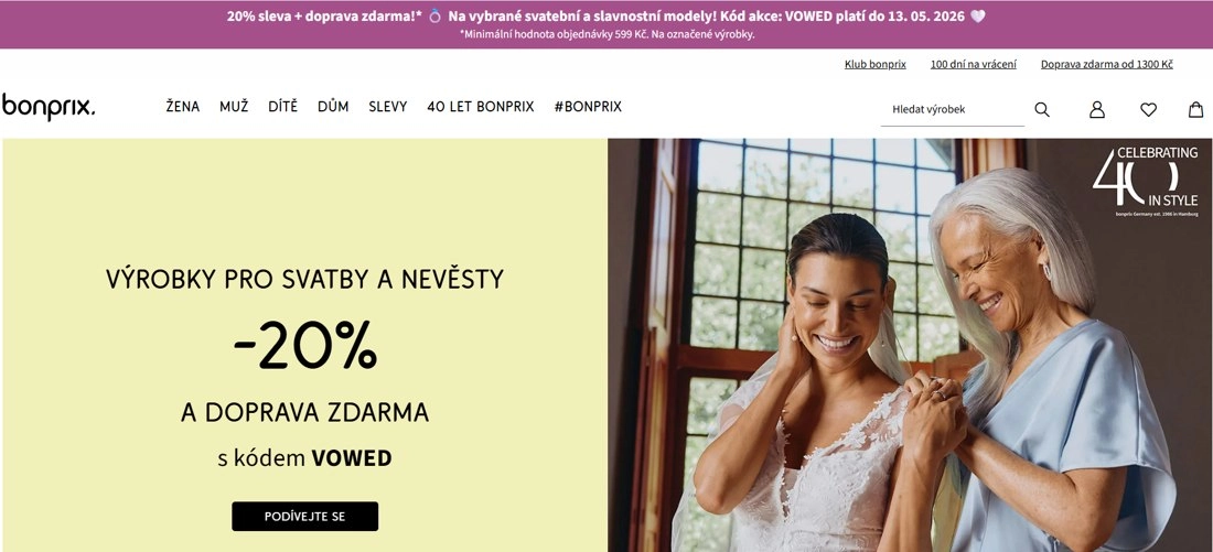Homepage stránky Bonprix se dvěma ženami, jedna ve svatebním