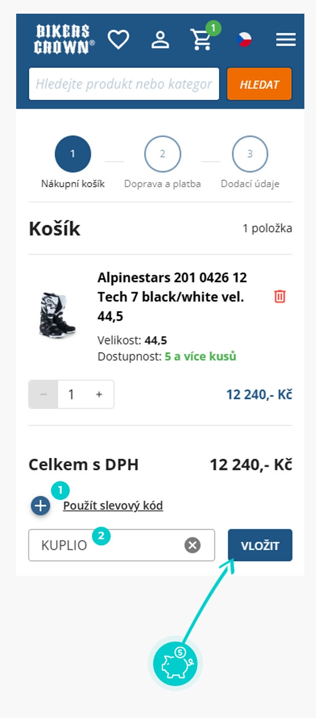 Návod jak uplatnit slevový kód v košíku e-shopu Bikers Crown