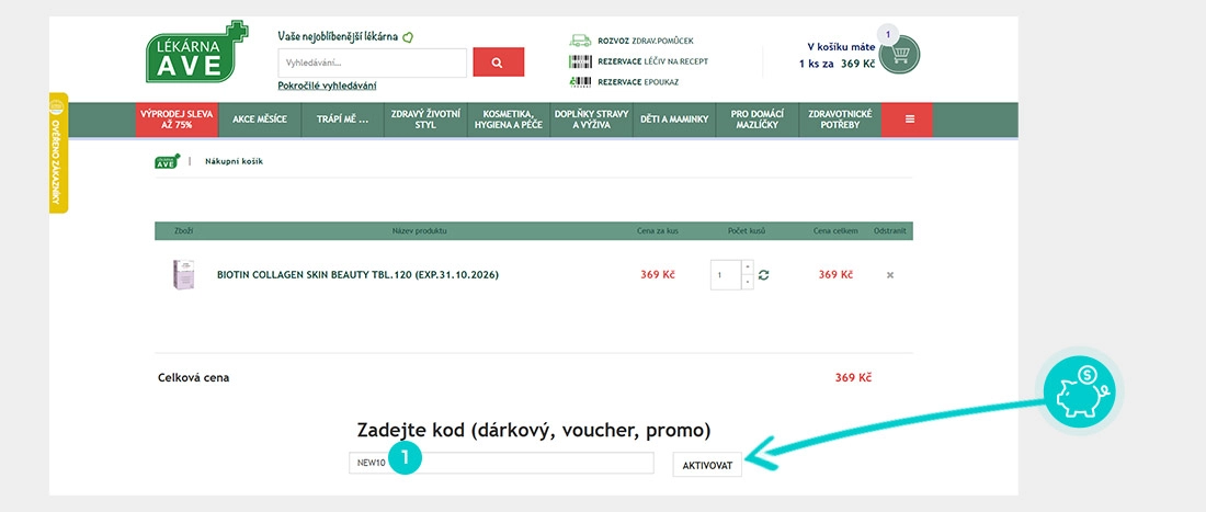 Návod jak uplatnit slevový kód v košíku e-shopu Lékárna AVE