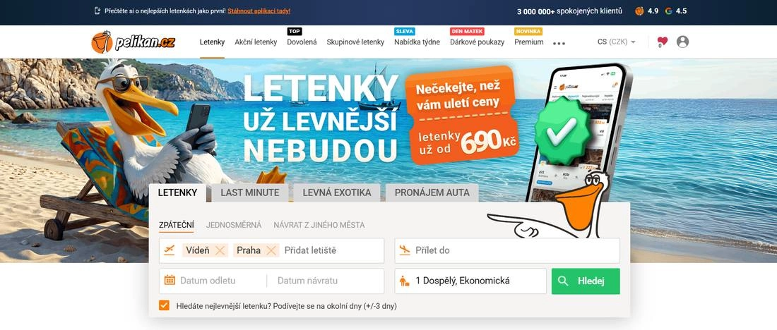 Homepage e-shopu Pelikán s  pozadím moře a pelikánem na lehátku