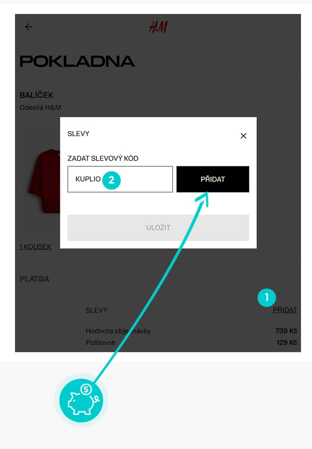 Návod jak uplatnit slevový kód v košíku e-shopu H&M