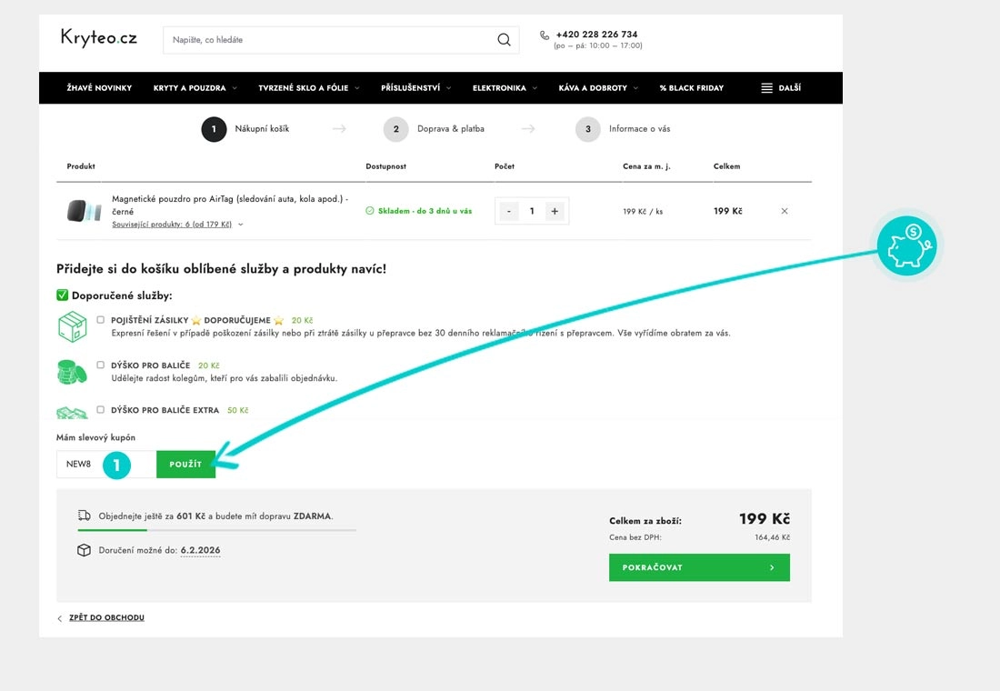 Návod jak uplatnit slevový kód v košíku e-shopu Kryteo